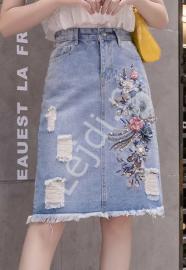 Midi spódnica jeansowa z kwiatami 3D 217 - Lejdi