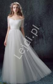 Biała długa tiulowa obfita spódnica z kryształkami w pasie, ślubna spódnica - Lejdi