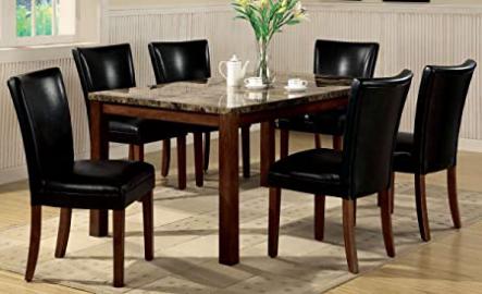 7pc Dining Table & Parson Chairs Set Black Leather Like Rich Cherry Finish
