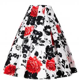 Rozkloszowana spódnica w czarno czerwone kwiaty | Biała spódnica retro pin-up - Lejdi