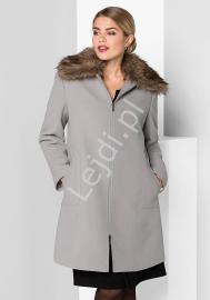 Szary elegancki płaszcz plus size z sztucznym futrem Sheego - Lejdi
