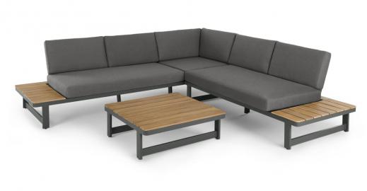 Topa, ensemble canapé d’angle et table basse d’extérieur en métal gris, acacia et tissu gris