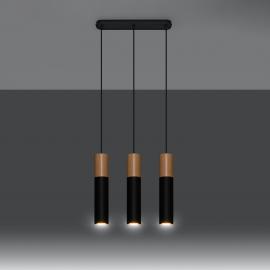 Suspension Tube, bois, noir, à trois lampes