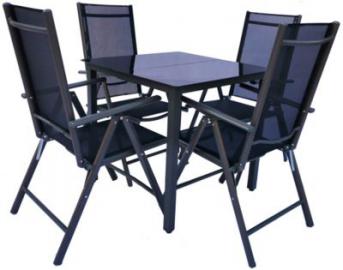 VCM Alu Sitzgruppe 140x80 Schwarzglas Gartenmöbel Gartengarnitur Tisch Stuhl Essgruppe Gartenset, inkl. 4 Stühle schwarz