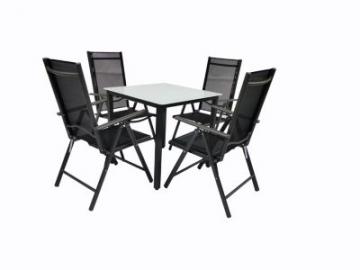 VCM Alu Sitzgruppe 80x80 Mattglas Gartenmöbel Gartengarnitur Tisch Stuhl Essgruppe Gartenset, inkl. 4 Stühle schwarz