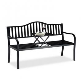 relaxdays Gartenbank mit ausklappbarem Tisch schwarz