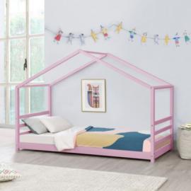 en.casa Kinderbett mit Lattenrost und Gitter 90 x 200 cm Hausbett Holz Bettenhaus Bett Jugendbett in verschiedenen Farben rosa