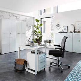Büro-Möbel Set mit weißen Glasfronten & Auflagen MONTERO-01 komplett inkl. Schreibtisch und Rollcontainer BxHxT 320x196x37cm