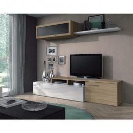 Dmora Wohnzimmer TV-Schrank mit Hängeschrank mit Glastür und Regal, Farbe Eiche und glänzendes Weiß, 44 x 200 x 41 cm