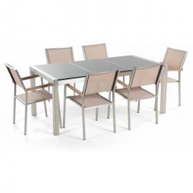 Gartenmöbel Set Grau Beige Granit Edelstahl Tisch 180 cm Poliert 6 Stühle Terrasse Outdoor Modern