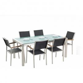 Gartenmöbel Set Schwarz Sicherheitsglas Edelstahl Tisch 180 cm 6 Stühle Terrasse Outdoor Modern