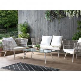 Gartenmöbel Set Cremeweiß Rattan Sicherheitsglas Textil inkl. Kissen 4-Sitzer Terrasse Outdoor Modern - Weiß