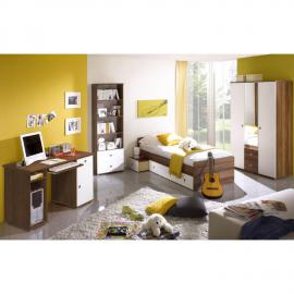 Jugendzimmer Set 4-teilig in Walnuss Nb., weiß lackiert MIRANDA-22 mit 115m Kleiderschrank mit Spiegel und Schreibtisch