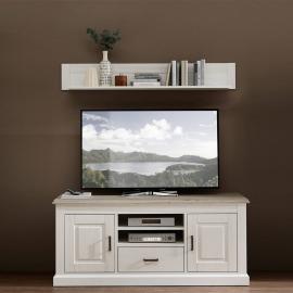 Landhaus TV-Lowboard mit Wandregal LEER-55 in Pinie weiß mit taupe Absetzungen, B/H/T ca. 150/170/52cm
