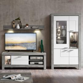 Wohnwand TV-Möbel inkl. LED-Beleuchtung in weiß matt und Haveleiche Nb. GRONAU-55 BxHxT: 265x200x48cm